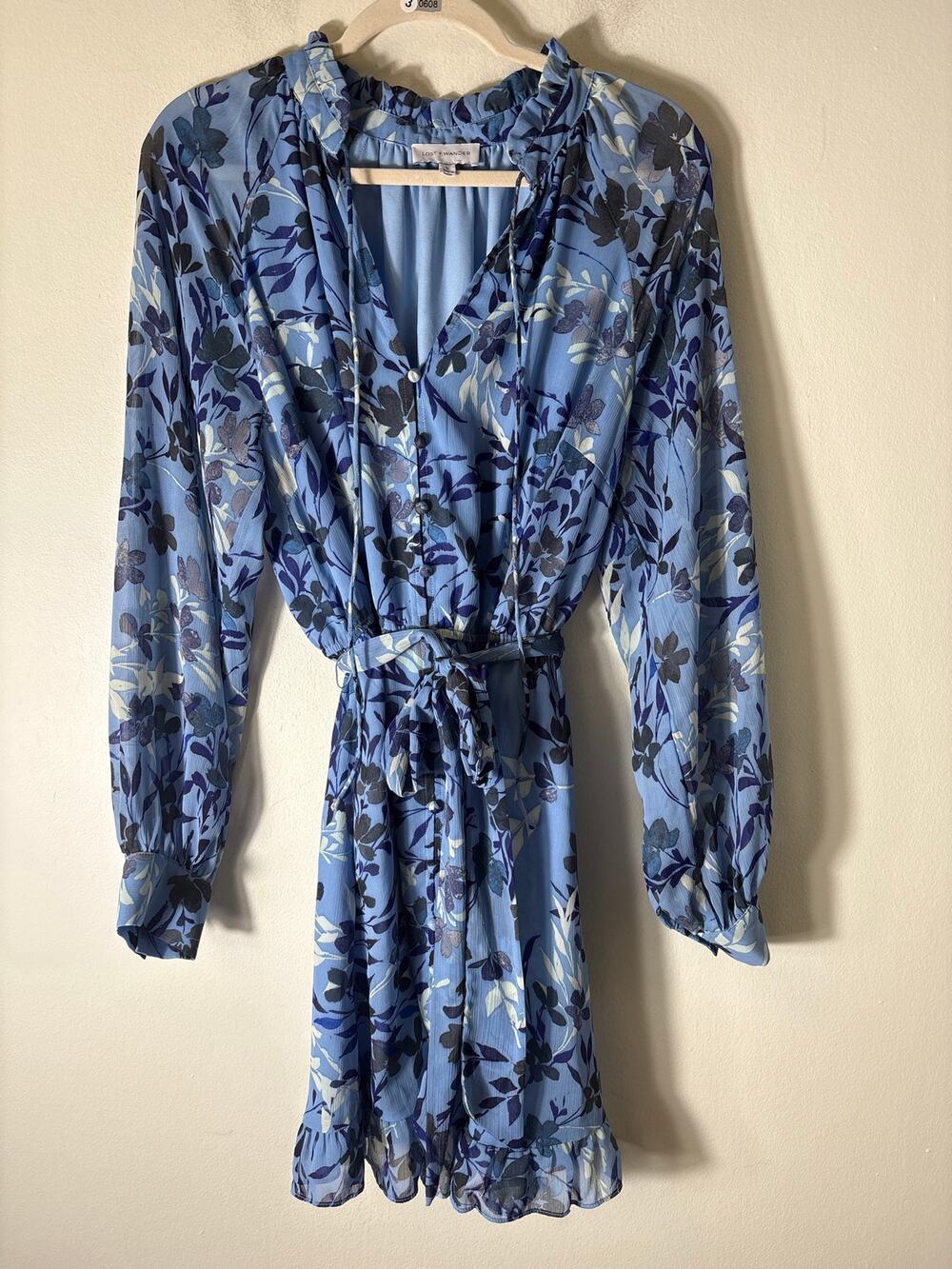 Lost + Wander Light Blue Long Sleeve Knee Length Dress Sz L